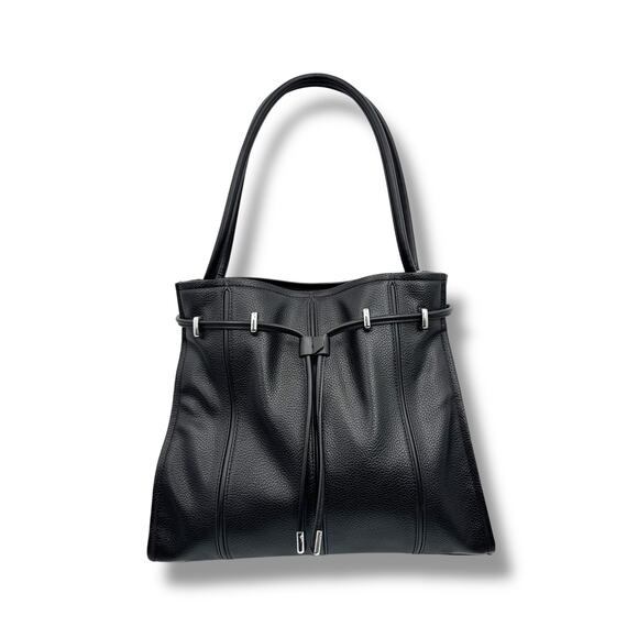 Calvin Klein Fatima drawstring tote black vegan pebbled leather shoulder bag - Picture 1 of 10